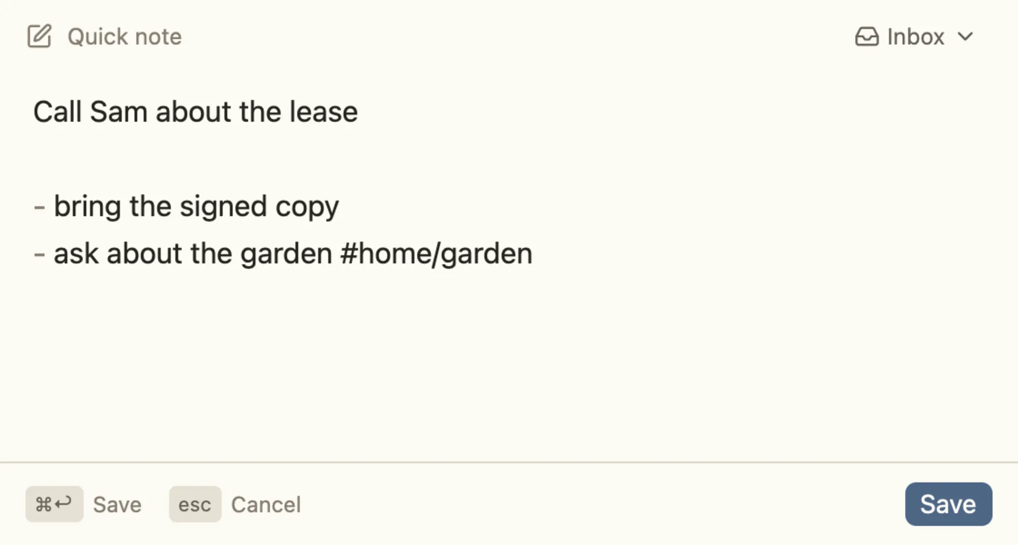 Kanso's quick note window with a short note about a lease, filed to the Inbox.