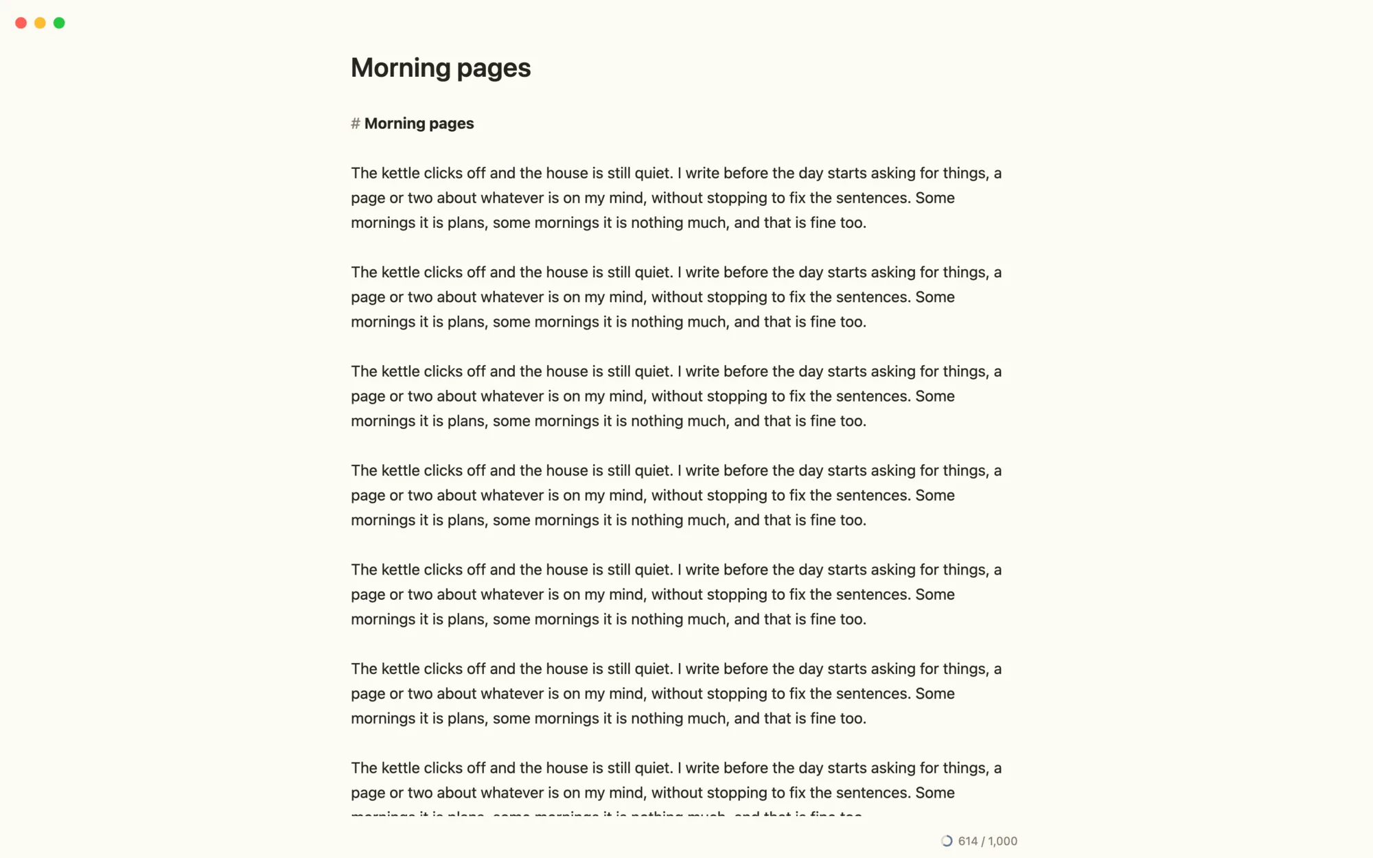 Kanso in focus mode: a page of writing with a word count of 614 out of 1,000.