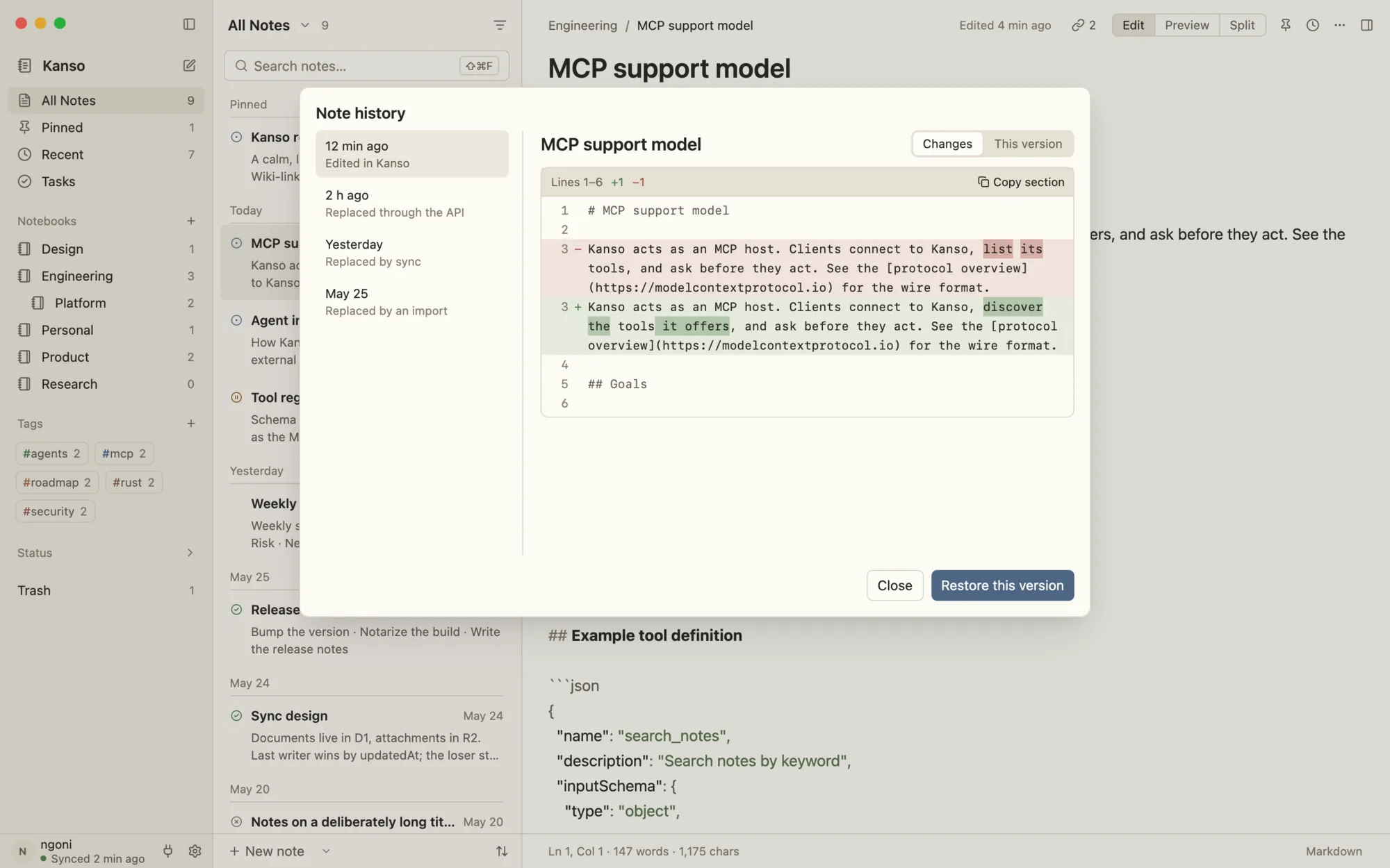 A note's version history with the changes since an earlier version highlighted.