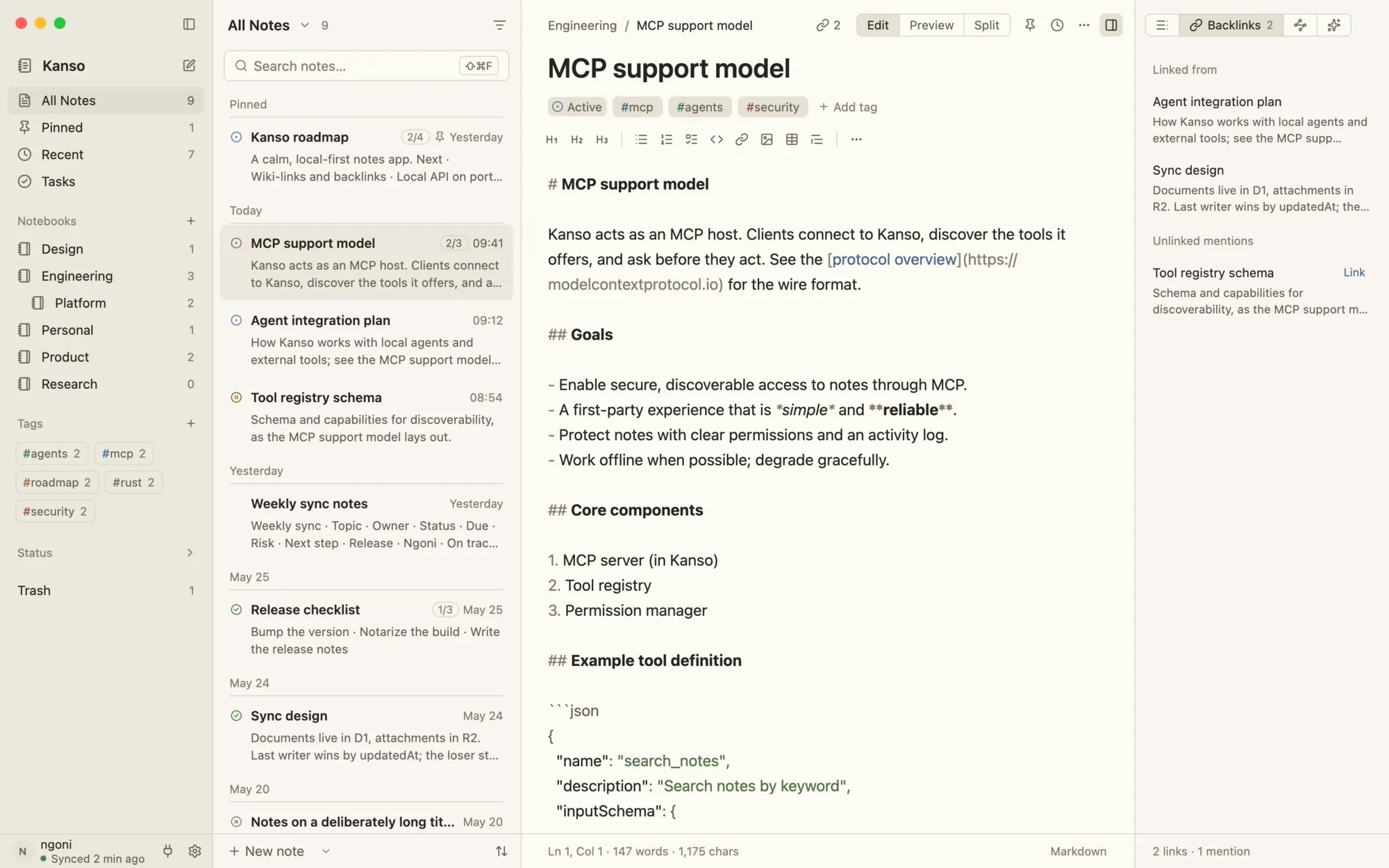 A note open in Kanso with its backlinks listed in the inspector on the right.
