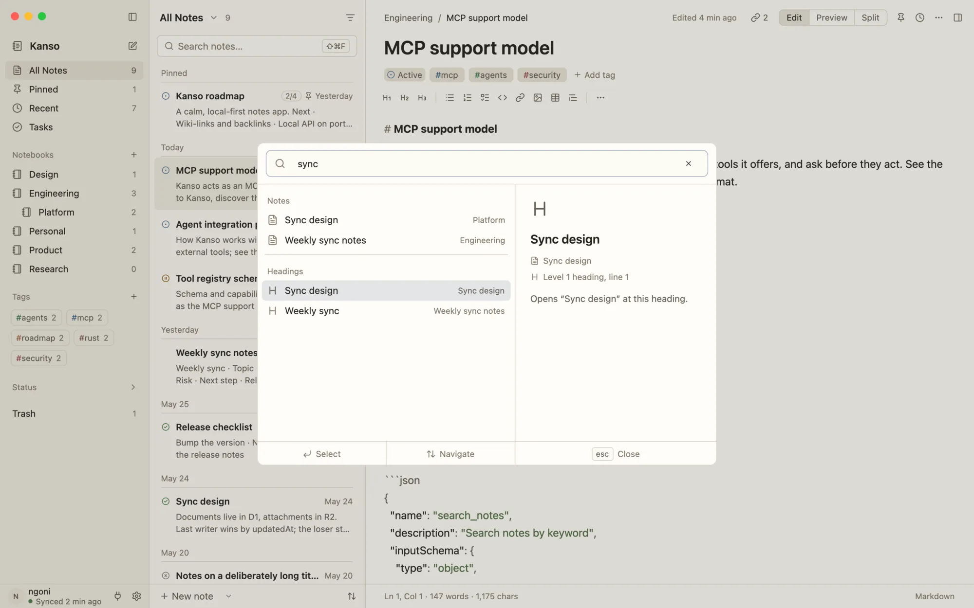 Kanso's quick open listing notes and the headings inside them.