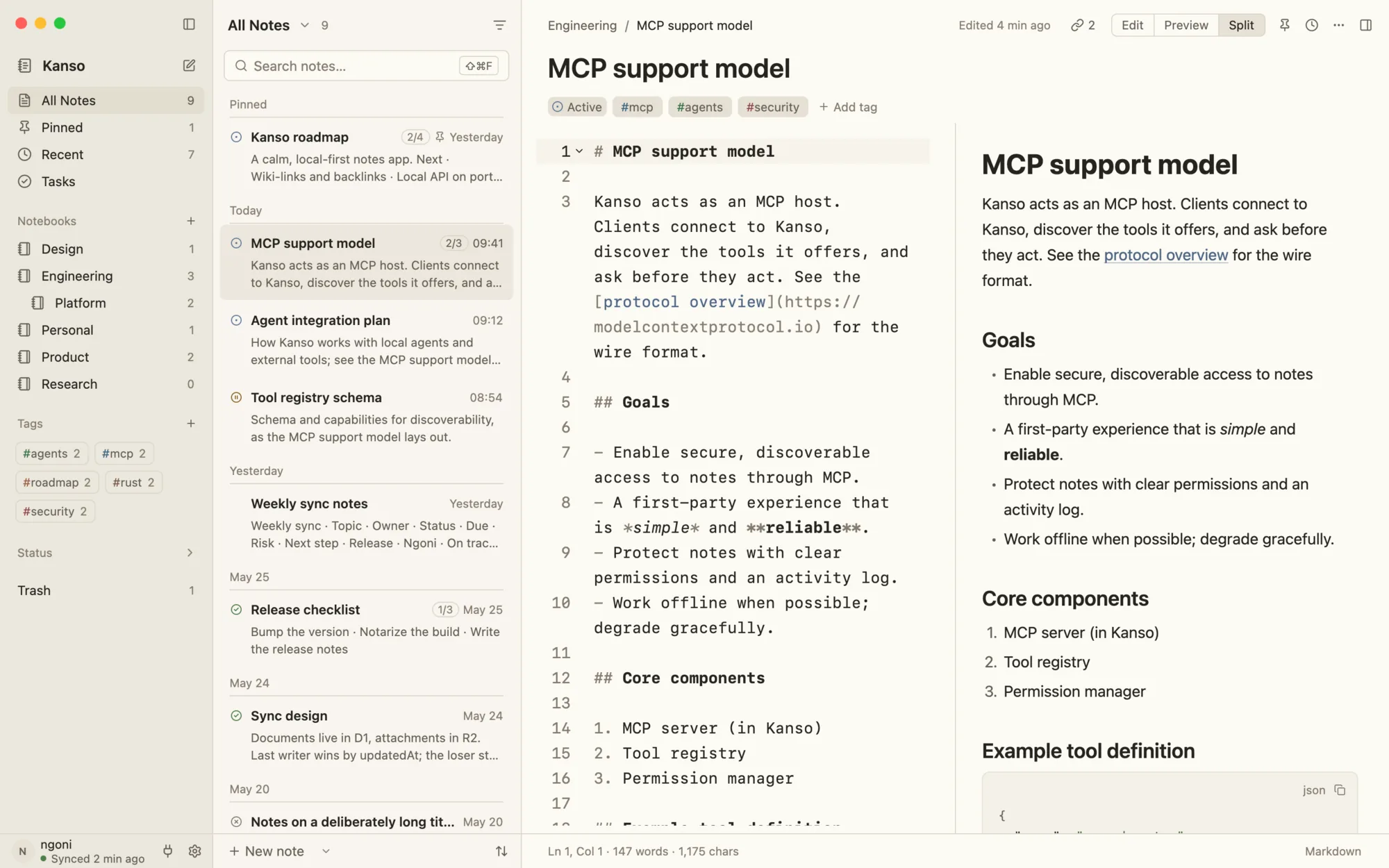 Kanso's main window: notebooks on the left, a list of notes, and a note in split view with its Markdown beside the rendered page.