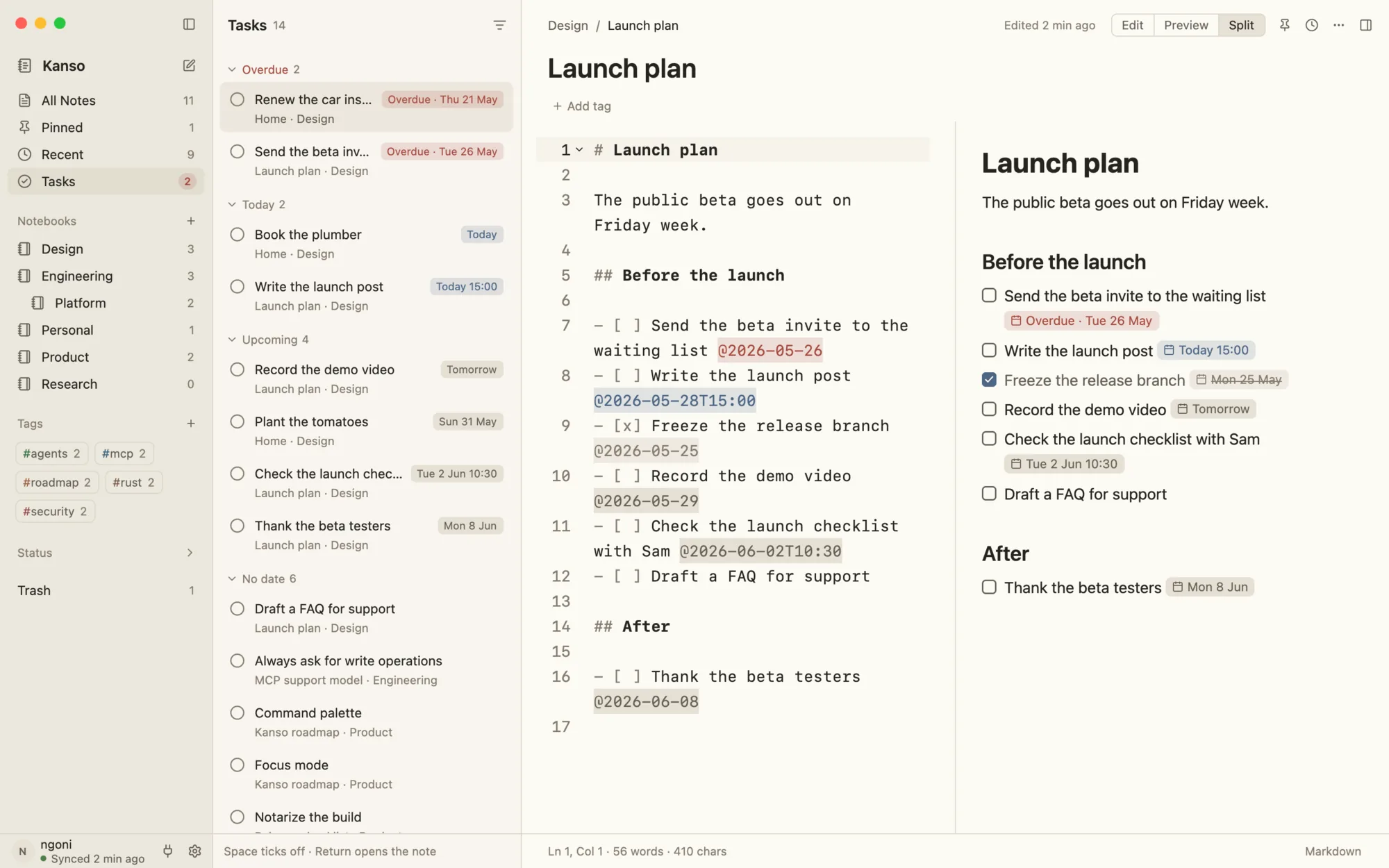 Kanso's Tasks view: overdue, today and upcoming tasks gathered from every note.